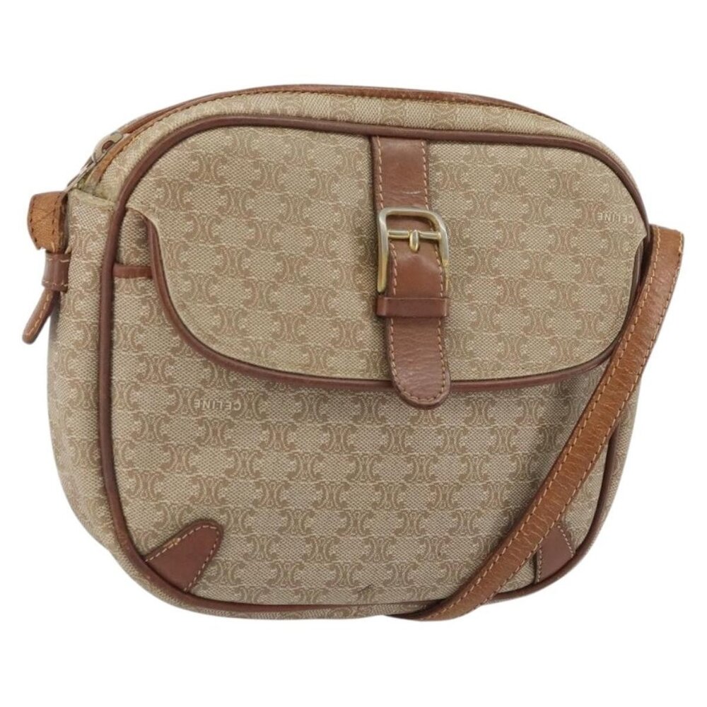 Authentic CELINE Macadam Canvas Shoulder Bag PVC Beige Gold